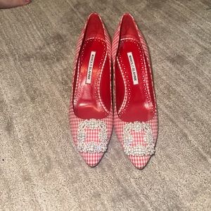 New Manolo Blahnik Red Gingham Hangisi jeweled pump heels stiletto